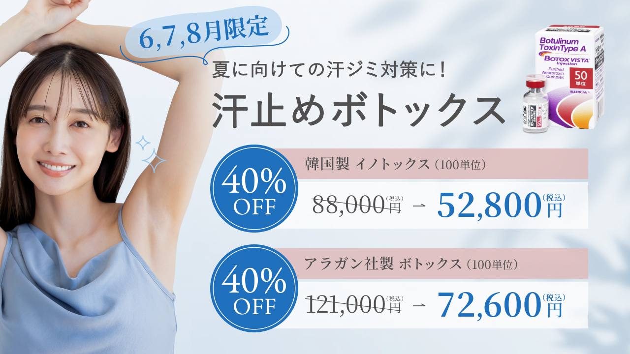 6月から8月限定の汗止めボトックスキャンペーン。韓国製イノトックス100単位が通常価格88,000円から40%オフの52,800円、アラガン社製ボトックス100単位が通常価格121,000円から40%オフの72,600円に。